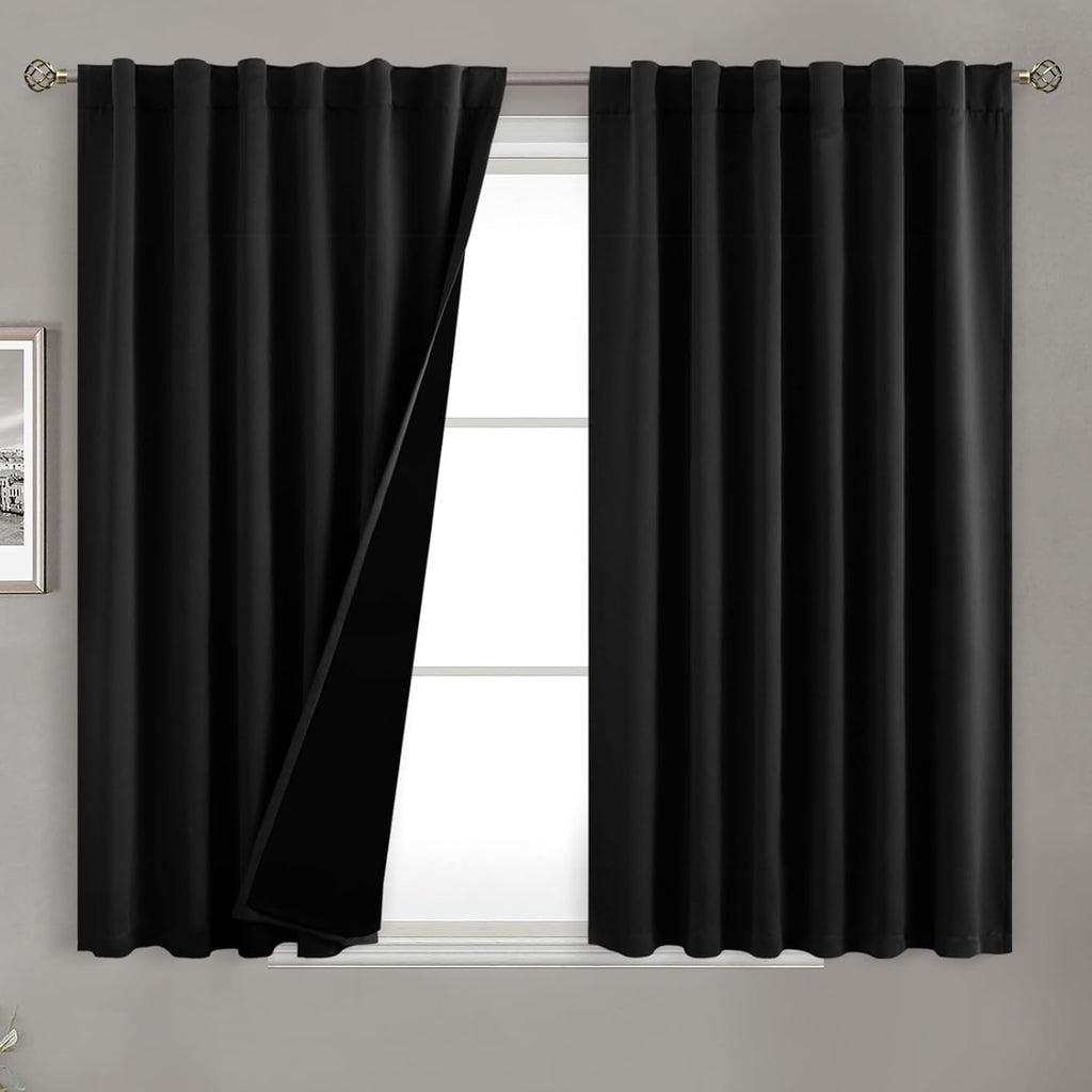 BGment Short Black Full Blackout Curtains with Liner Thermal Curtains 45 Inch Long, Rod Pocket and Back Tab Double Layer Black Out…