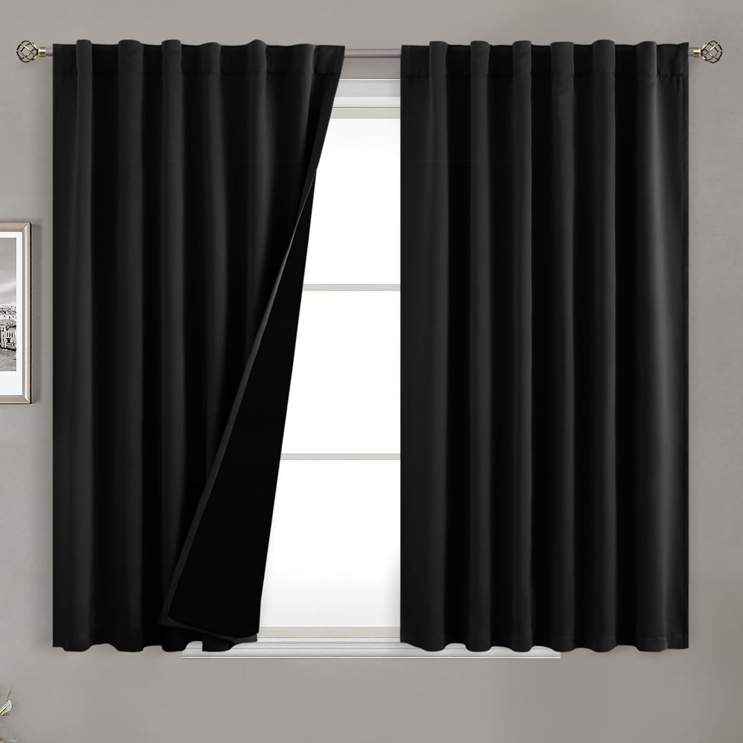 BGment Short Black Full Blackout Curtains with Liner Thermal Curtains 45 Inch Long, Rod Pocket and Back Tab Double Layer Black Out…