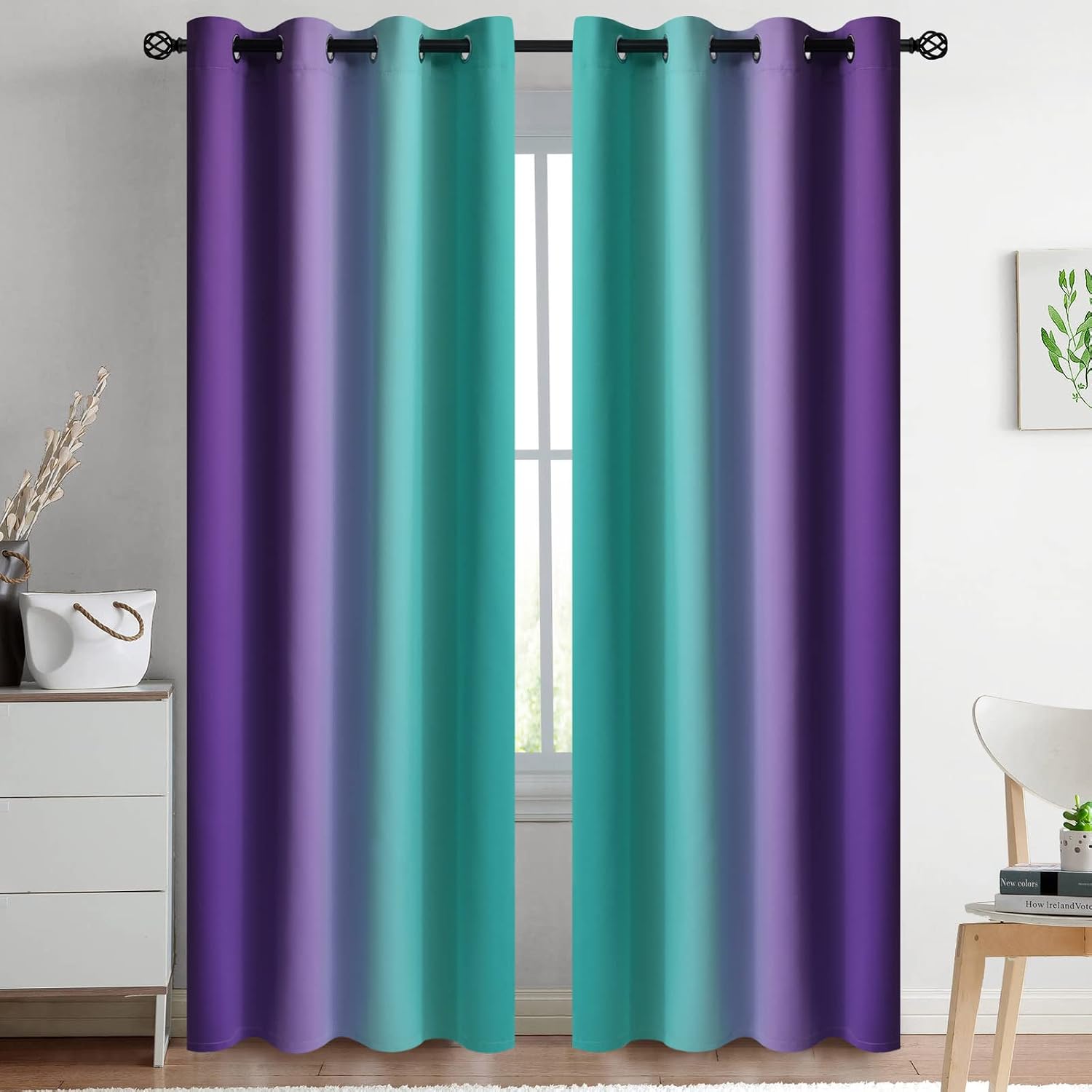 Yakamok Ombre Teal and Purple Curtains for Bedroom, Gradient Room Darkening Curtains 84 inches long, Grommet Thermal Insulated Light Blockin…