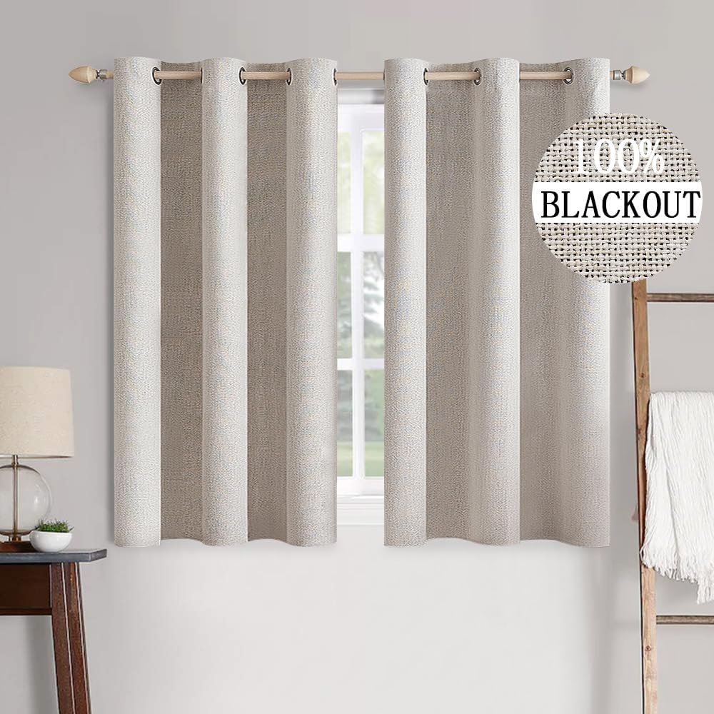 Miulee 100% Blackout Linen Textured Curtains for Bedroom Solid Thermal Insulated Ivory Grommet Room Darkening Curtains & Drapes Luxury Deco…