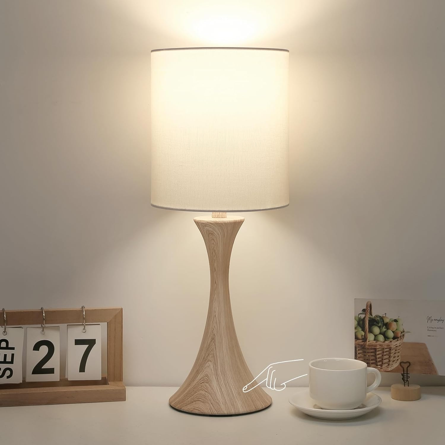 Bedside Touch Lamp, 3 Way Dimmable Touch Control Table Lamp, Wood Grain Farmhouse Table Lamp, Modern Nightstand Lamp with White Shade for…