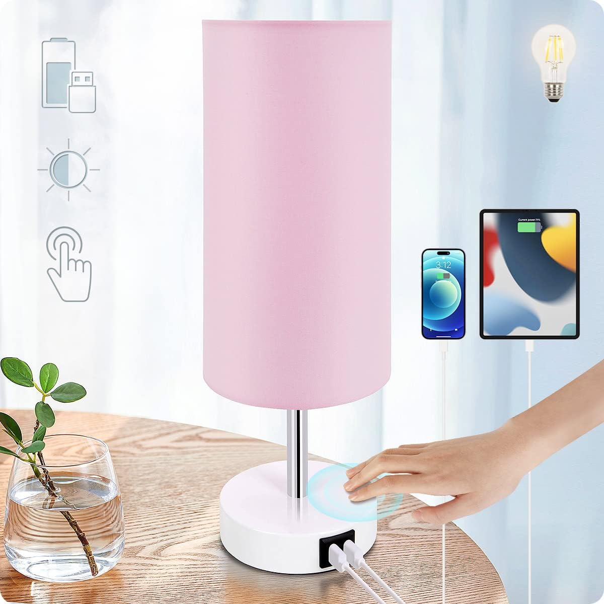 Yarra-Decor Desk Lamp with USB Port, Touch Control Desk Lamp with 3 Levels Brightness, Bedside Table Lamp with Round Pink Shade for…