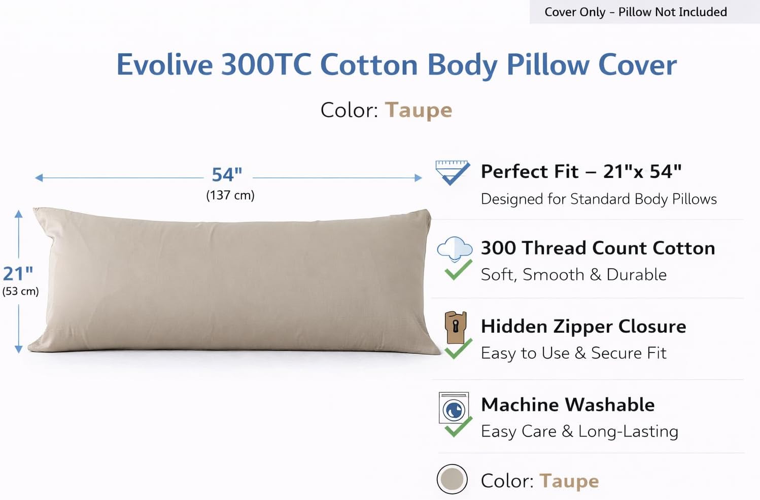 Evolive 100% Cotton Body Pillow Cover 21"x54", 300 Thread Count Soft Breathable Pillowcase with Hidden Zipper, Smooth Durable Replacement C…