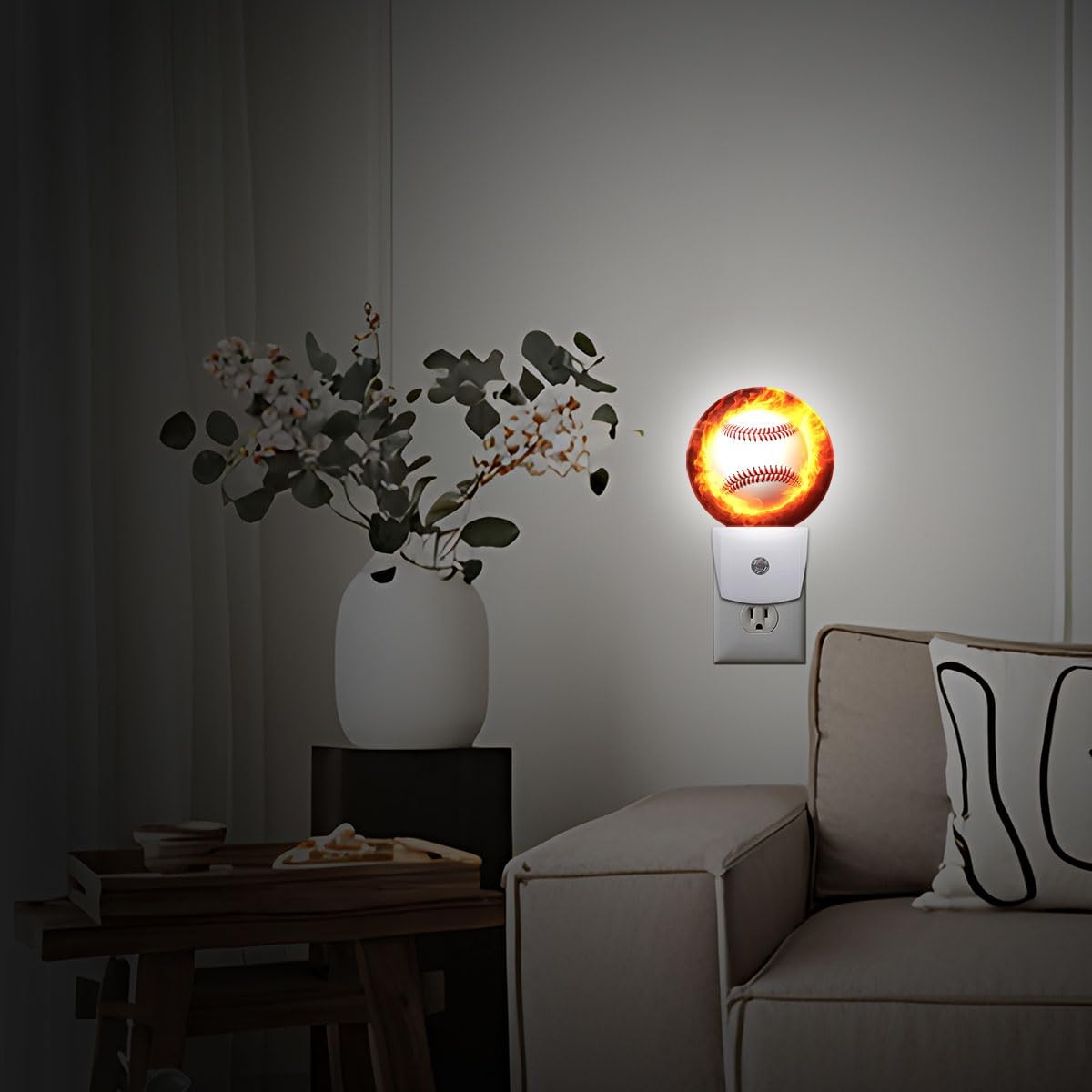 Baseball Fire Night Light Plug Into Wall Auto Led Sleep Round Lamp for Living Room Hallway Stairs
