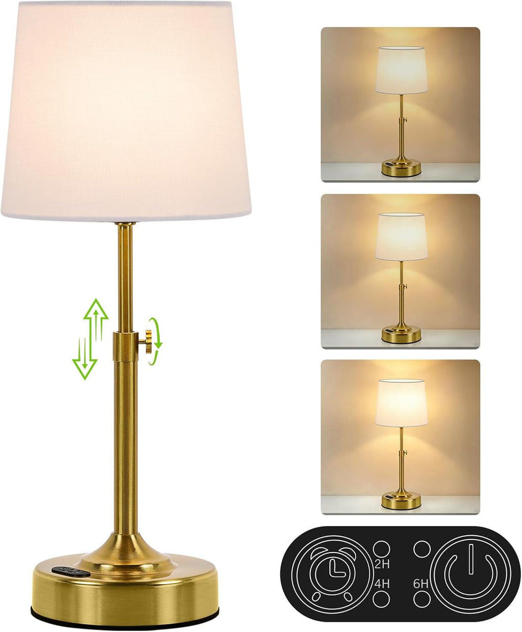 Height Adjustable Rechargeable Table Lamp with Timer, Dimmable Cordless LED Desk Lamp, 4000mAh Battery Operated Table Lamps, Gold…
