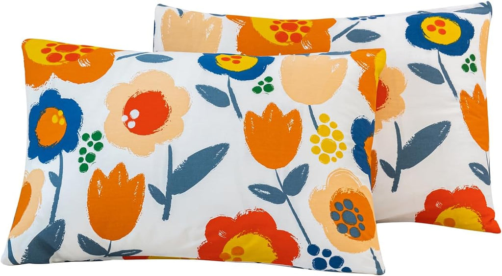 Susybao Floral Pillow Cases King Size Set of 2 100% Cotton Colorful Flower Pillow Covers Envelope Closure End Orange Blue Botanical Decorat…