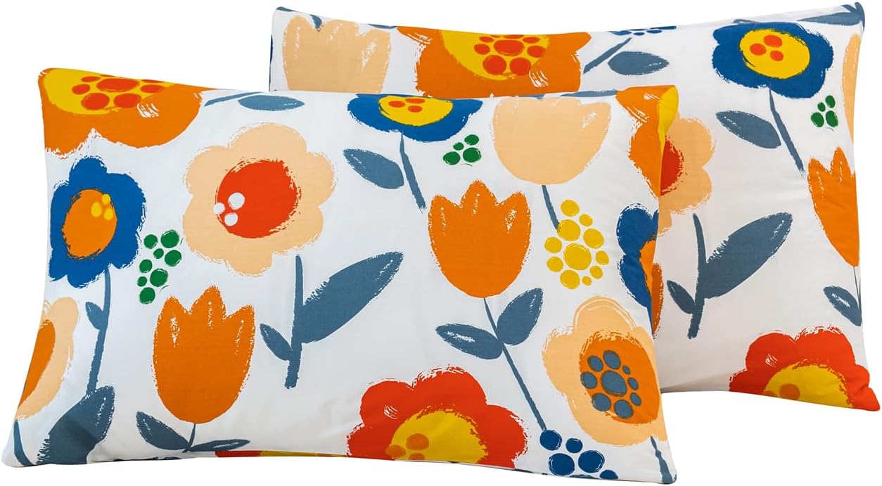 Susybao Floral Pillow Cases King Size Set of 2 100% Cotton Colorful Flower Pillow Covers Envelope Closure End Orange Blue Botanical Decorat…