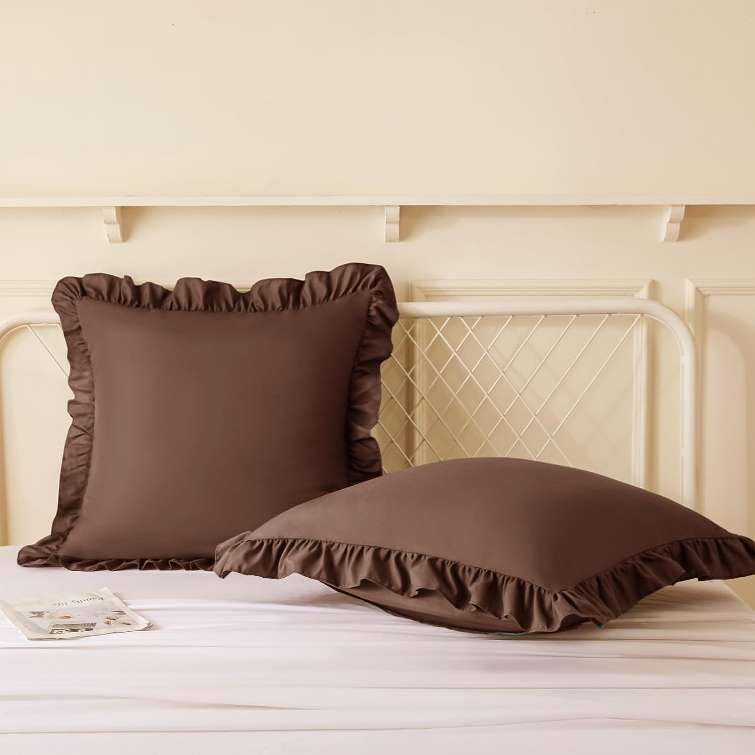 KKJIAF Ruffle Pillow Cases 20x20 Inches, Brown Square Ruffled Pillow Covers Set of 2, Microfiber Wrinkle Resistant Pillow Shams with…
