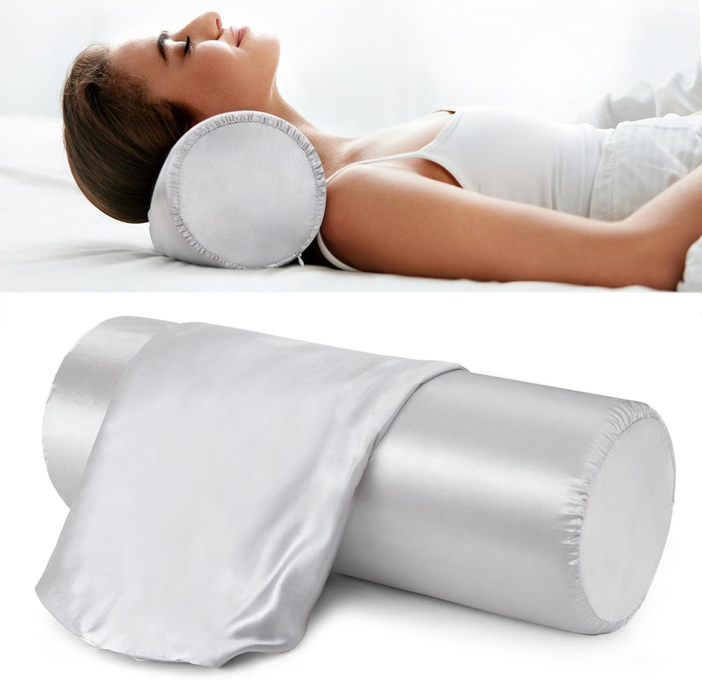 Noverlife 2 Pack Satin Bolster Pillow Covers, 16x6 in Grey Neck Roll Case With Zipper, Soft Silky Round Pillowcases, Machine Washable…