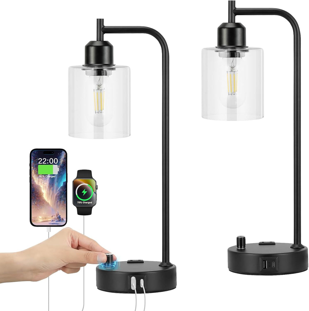 Industrial Nightstand Lamps for Bedrooms Set of 2 - Fully Dimmable Bedside Lamps with USB A C Ports and Outlet, Black Table Lamps with…