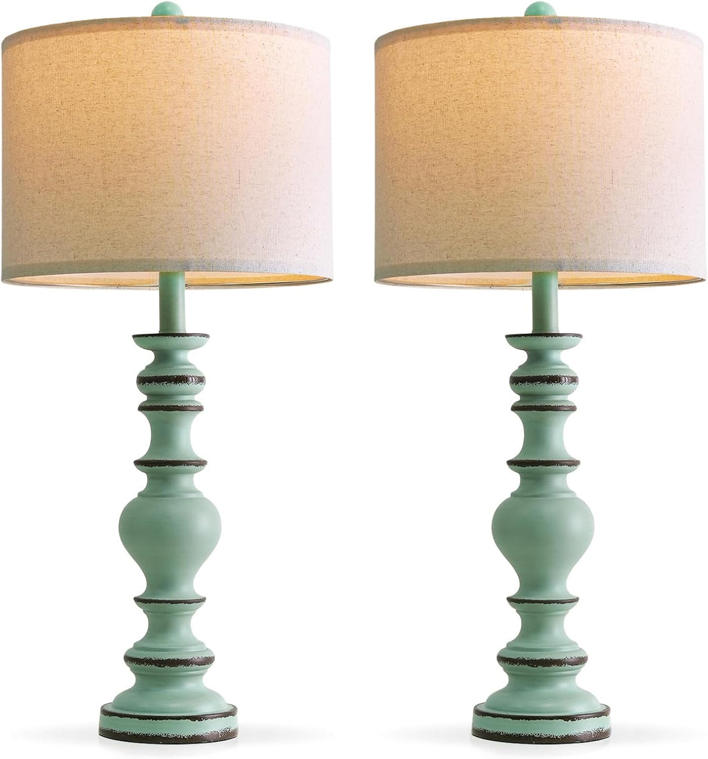 BOBOMOMO 27" Distressed Teal Table Lamps Set of 2, Large Coastal Farmhouse Resin Lamps with Linen Shades, Blue Green Lamps for Living…