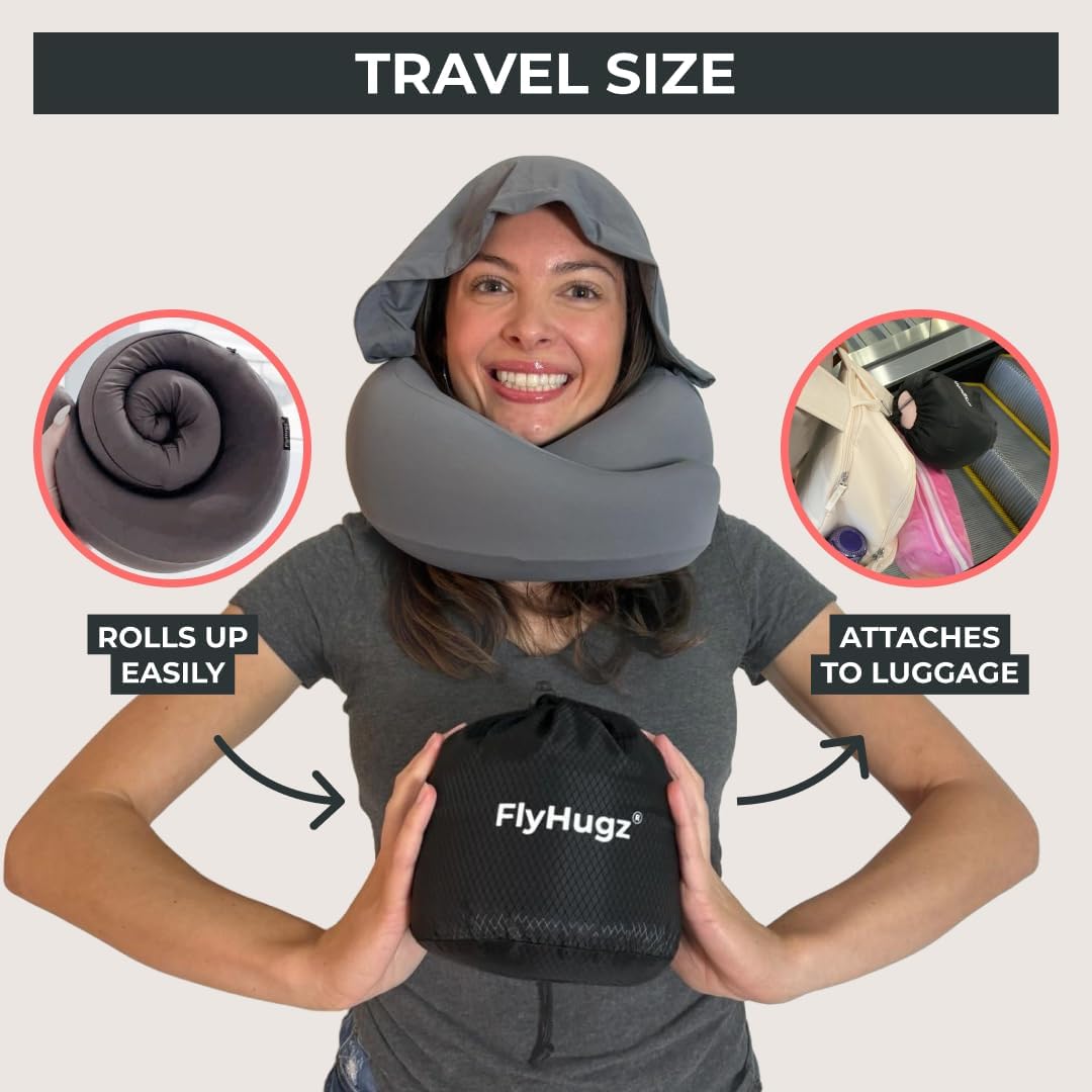 FlyHugz® 2.0 Hooded Travel Pillow – 2026 Original Release – Memory Foam Neck Pillow with Adjustable Hood & Premium Elastic Washable Cover…