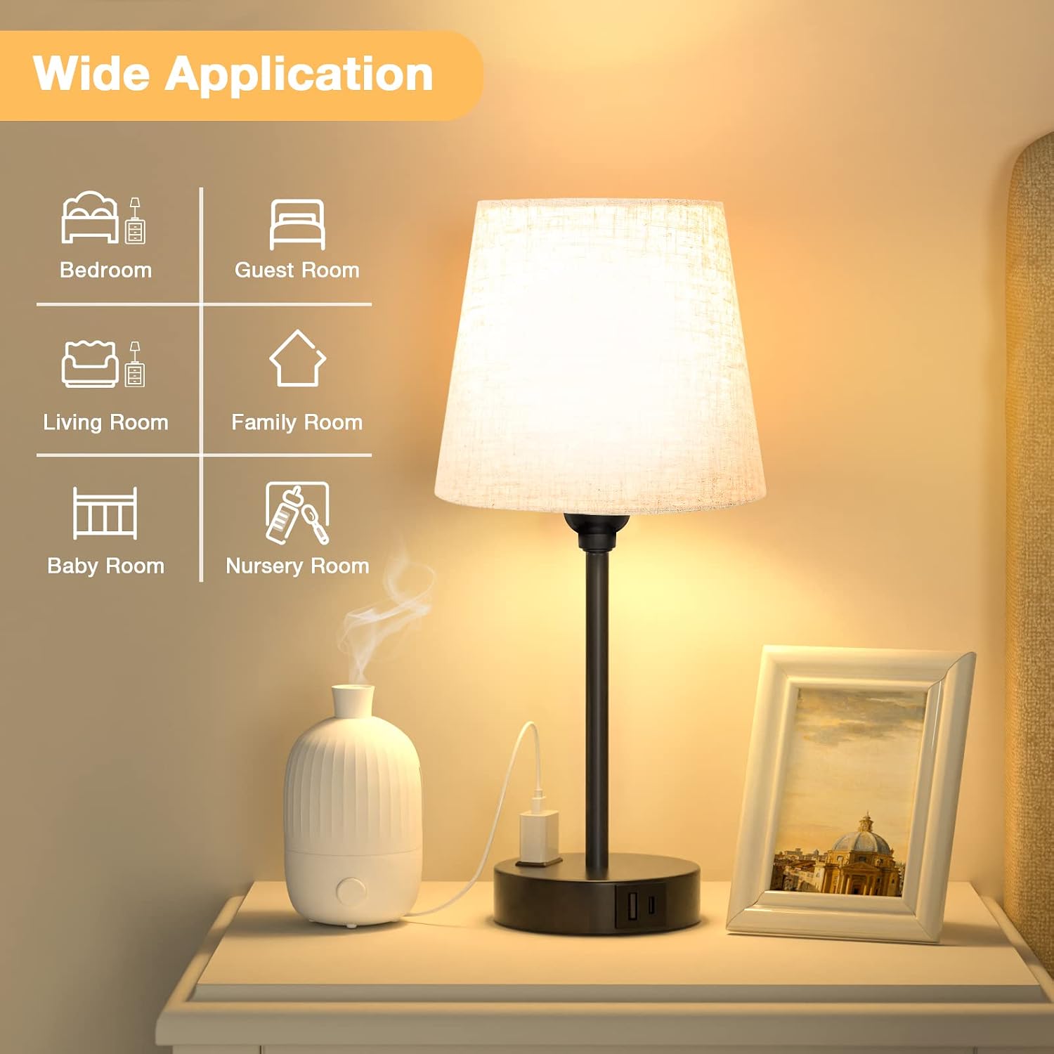 Mini Bedside Lamps for Bedrooms Set of 2 - Nightstand Bedroom Lamps with USB C Port and AC Outlet Charging, Dimmable Touch Small Bed Side…