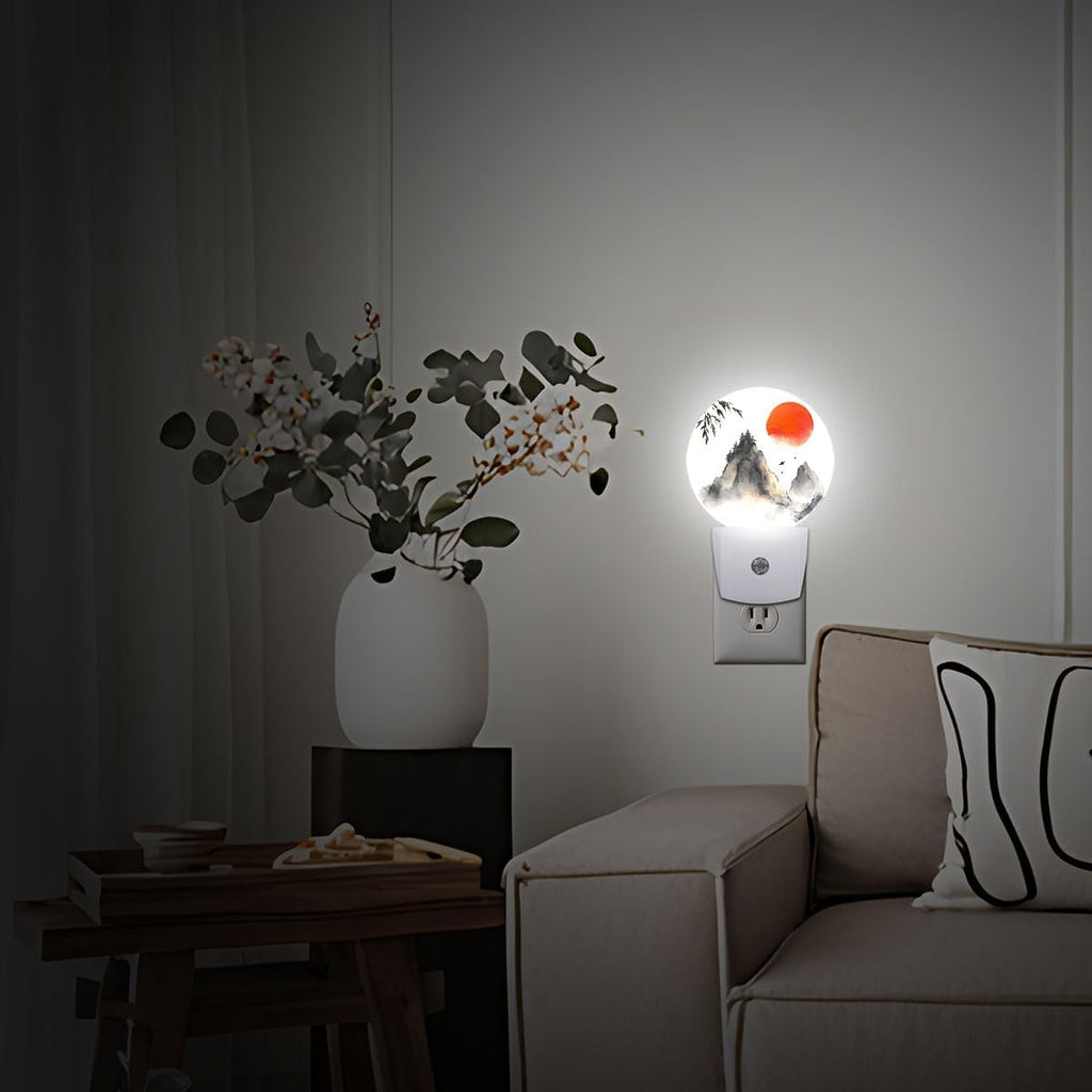 Chinese Landscape Painting Mountain Sunset Night Light Plug-in Sleep Lamp Led Dusk to Dawn Night Light for Bedroom