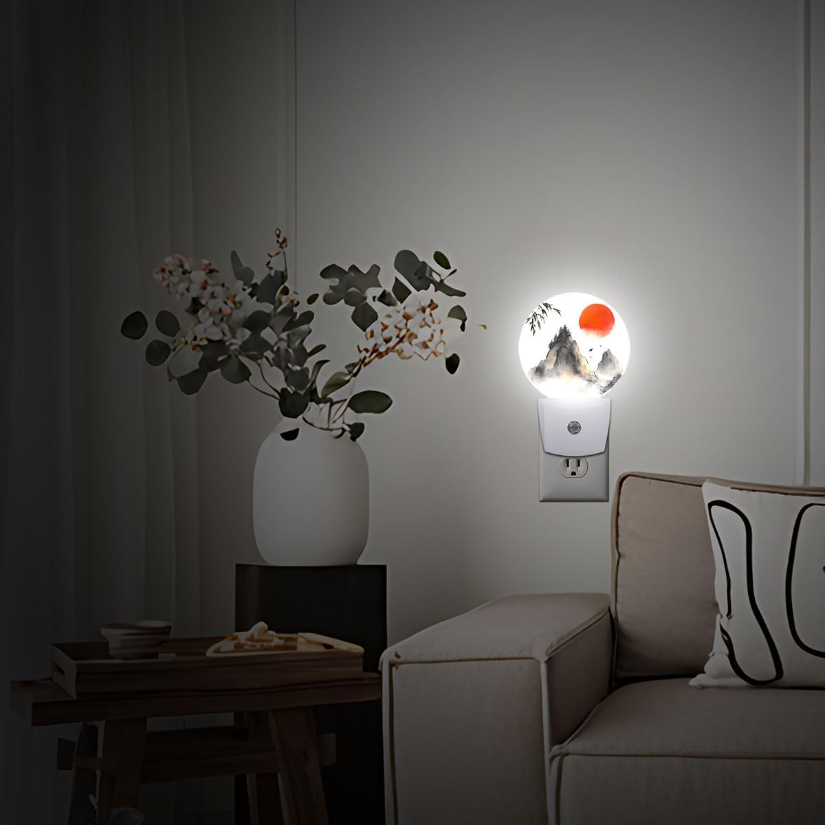Chinese Landscape Painting Mountain Sunset Night Light Plug-in Sleep Lamp Led Dusk to Dawn Night Light for Bedroom