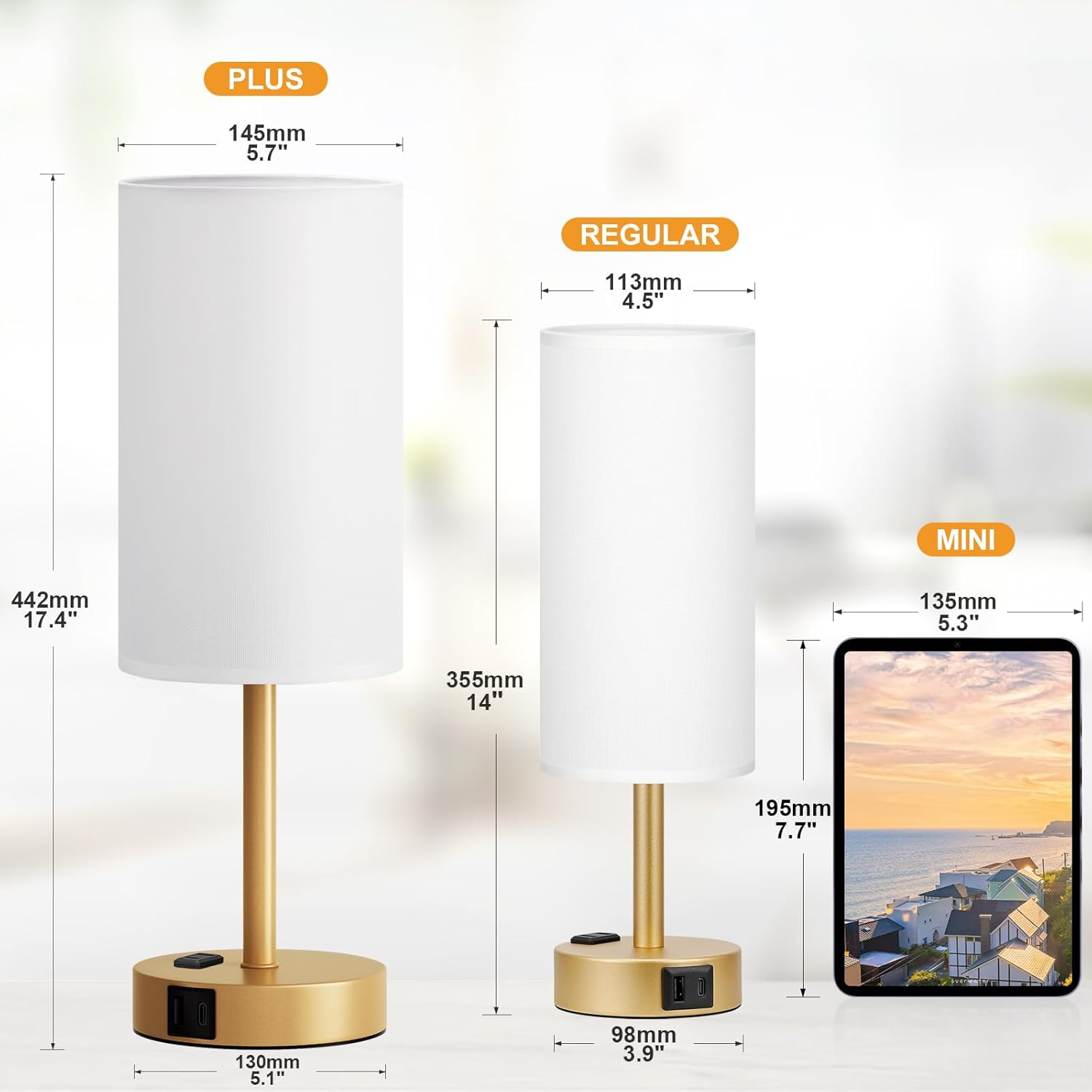 Fenmzee Gold Nightstand Bedroom Lamp - 3 Way Dimmable Bedside Lamp USB C A Charging Ports and AC Outlet, Small Table Lamp Linen Lampshade…