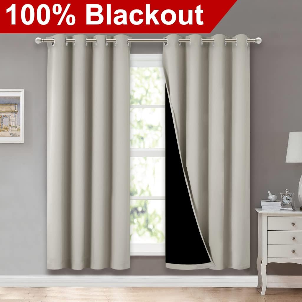 Nicetown 100% Blackout Window Curtain Panels, Full Light Blocking Drapes with Black Liner for Nursery, 72-inch Drop Thermal Insulated Drape…
