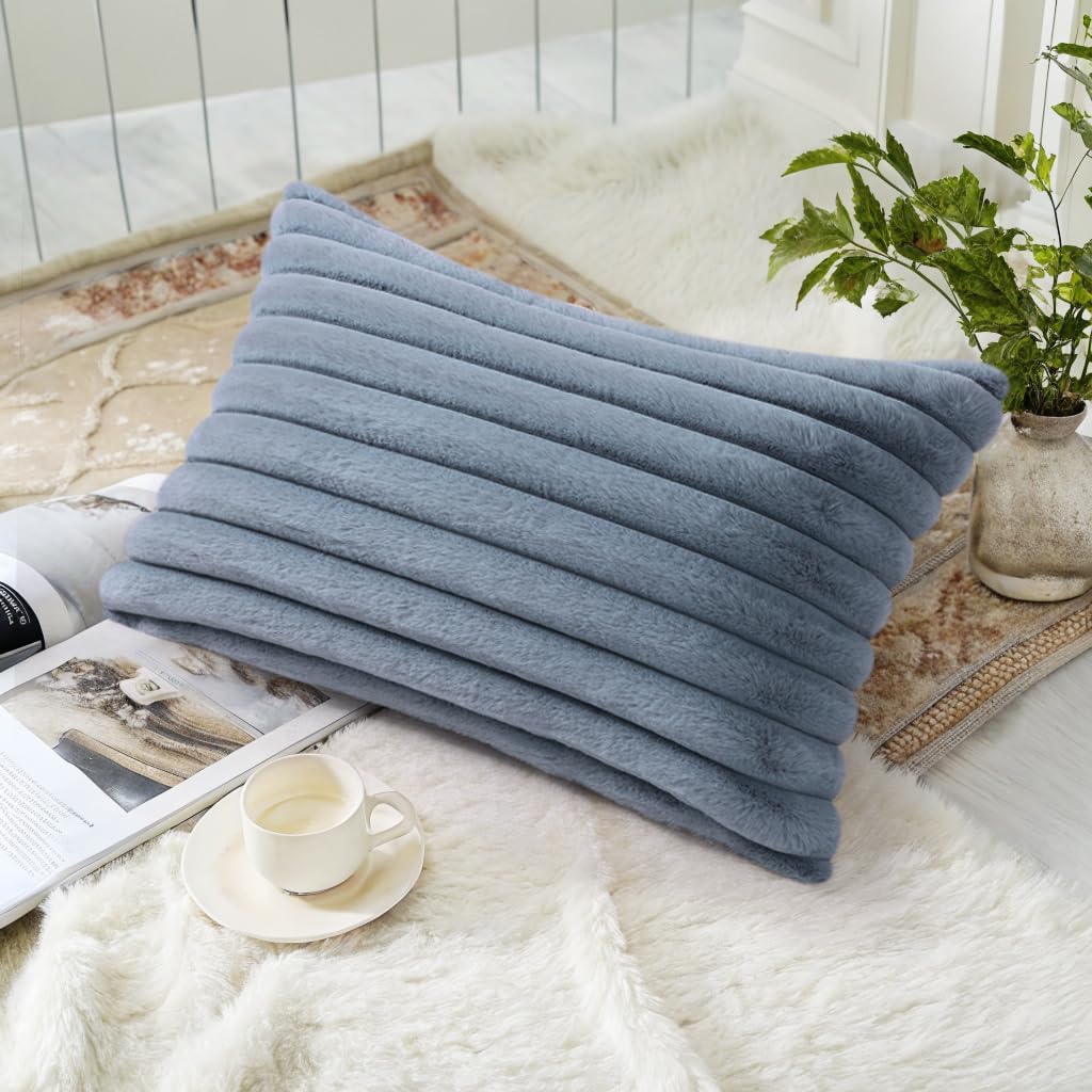decorUhome Cozy Faux Fur Throw Pillow Covers 12x20 Set of 2 Decorative Soft Plush Striped Lumbar Modern Farmhouse Boho Couch Pillow Cases w…