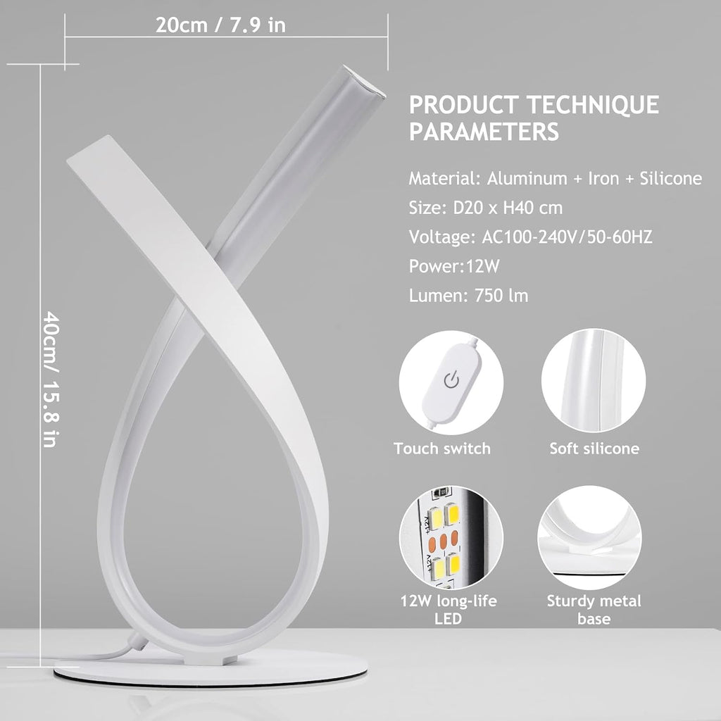 NUÜR Modern Table Lamp, Stepless Dimmable LED Spiral Lamp for Living Room, Contemporary Nightstand Lamp, White Bedside Table Lamp for…
