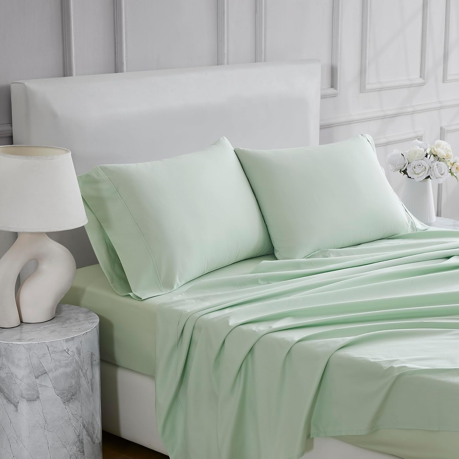 Linen Closet 3 Pcs 100% Cotton Twin Sheets Set, Sage Green, 400 Thread Count, Percale Weave, Deep Pocket Fitted Sheet, Fits Up To 18"…