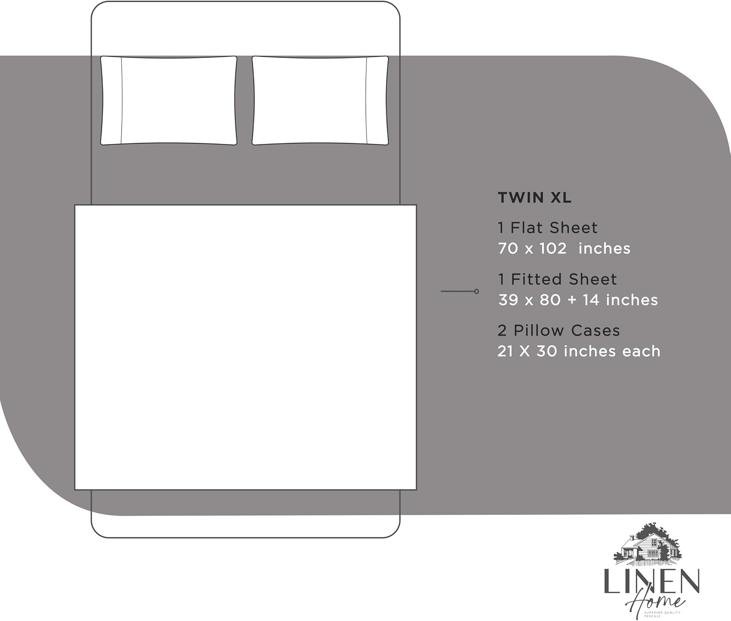 Linen Home 100% Cotton Percale Sheets Twin XL Size, Charcoal, Deep Pocket, 3 Pieces Set - 1 Flat, 1 Deep Pocket Fitted Sheet and 1…