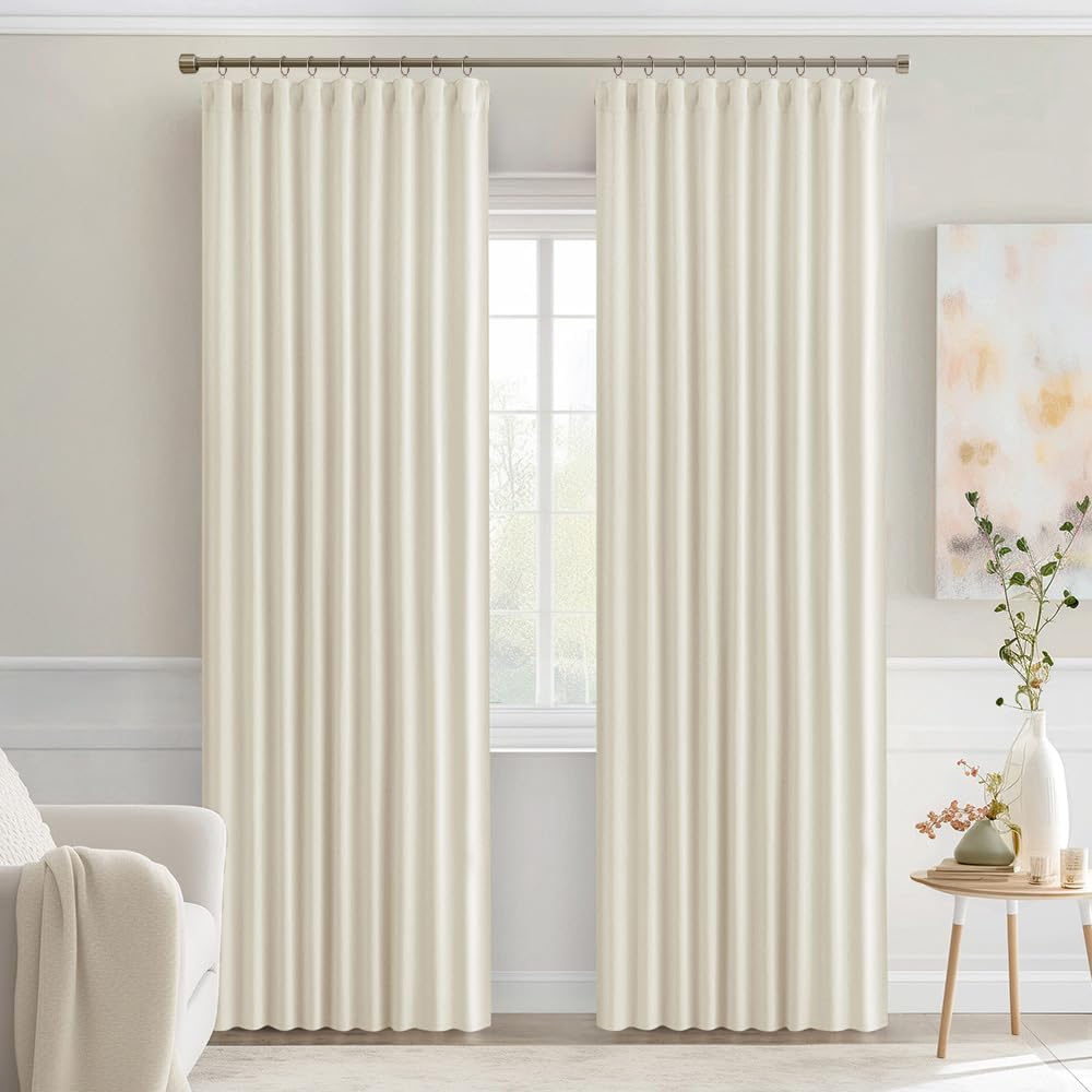 Miulee Beige White Back Tab Blackout Curtains 90 Inches Long 2 Panels Set for Living Room Bedroom Privacy, Rod Pocket/Pinch Pleat Thermal I…