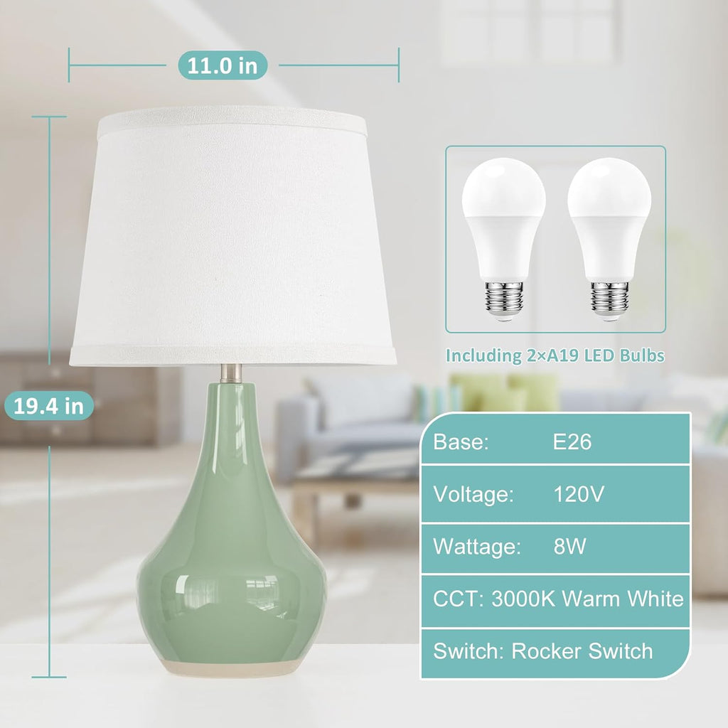 Seealle Modern Green Table Lamps Set of 2 - Bedside Lamps for Night Stands, 19.4" Bedroom Lamps for Living Room Sage Green Lamps with…