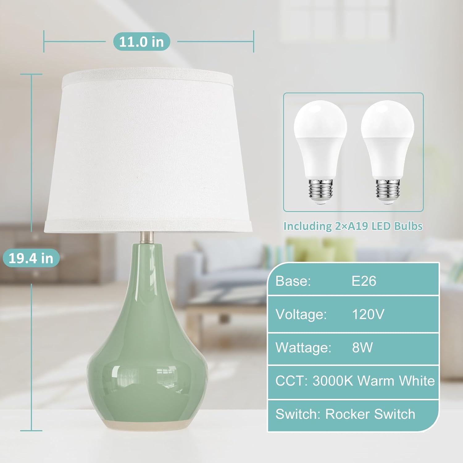 Seealle Modern Green Table Lamps Set of 2 - Bedside Lamps for Night Stands, 19.4" Bedroom Lamps for Living Room Sage Green Lamps with…