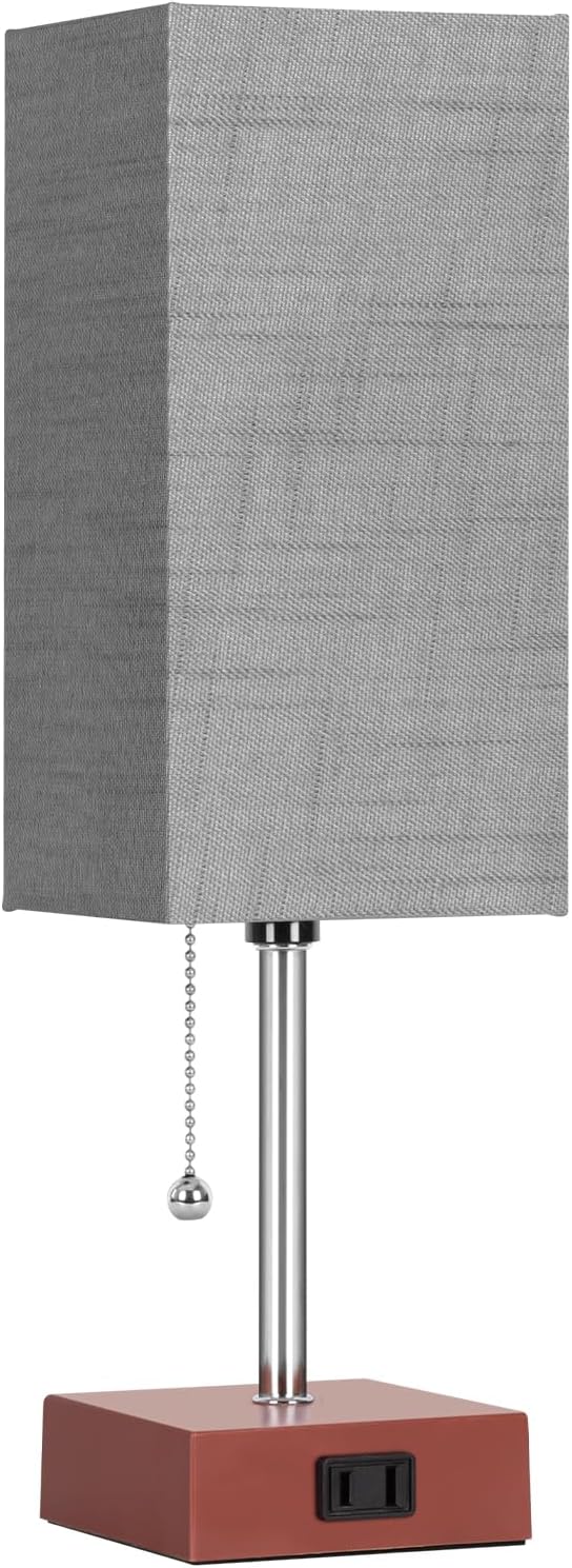 PLMMY Bedside Table Lamp for Bedroom Nightstand, 3 Color Pull Chain Nightstand Lamps Set of 2 with AC Outlets, Square Gray Lampshade…