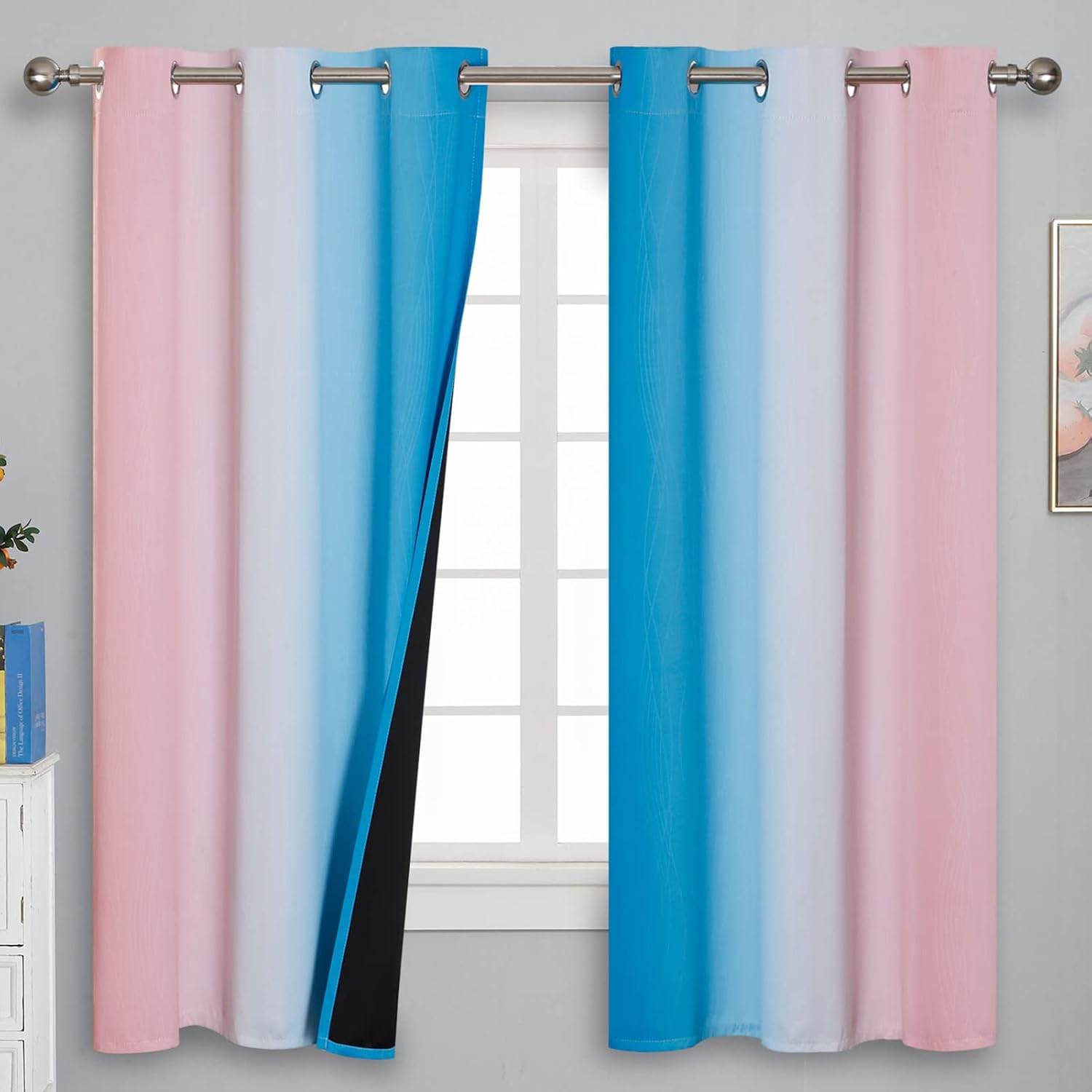Estelartextiler Estelar Textiler Pink and Blue Curtains 63 Inch Length 2 Panels, Ombre Total Blackout Curtains for Bedroom, Grommet Thermal…