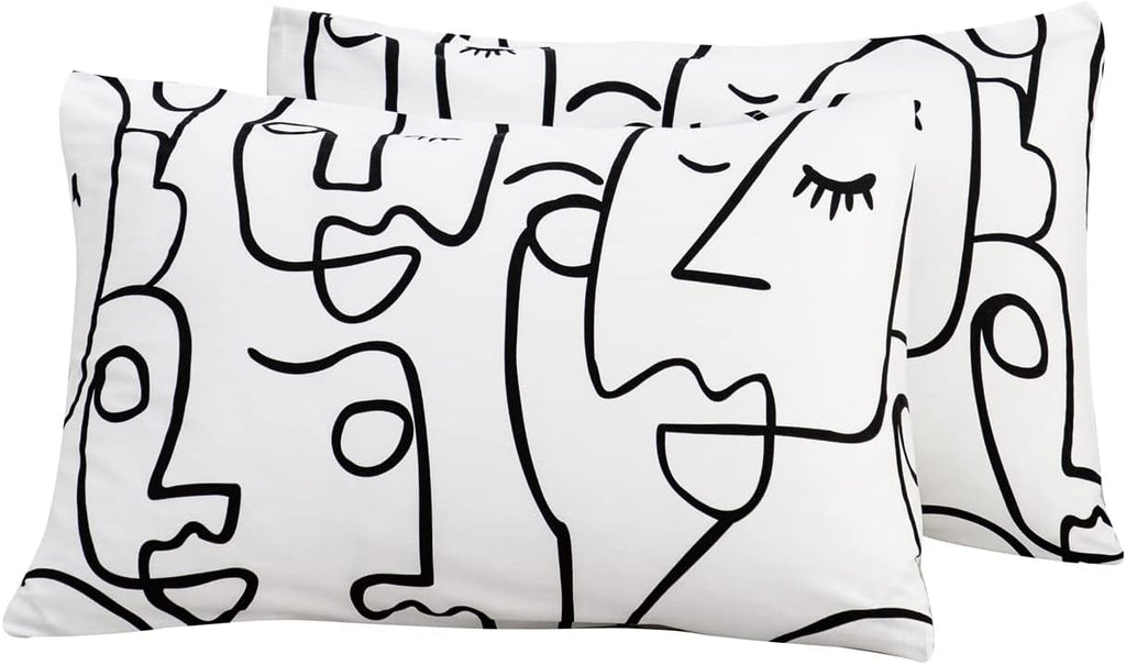 YuHeGuoJi Black White Pillow Cases Set of 2 Queen 100% Cotton Geometric Face Print Pillow Covers Decorative Abstract Artistic Striped Pillo…