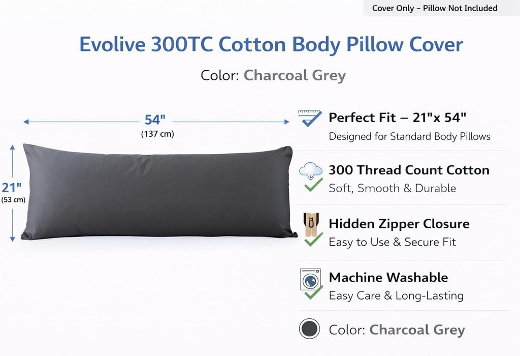 Evolive 300 Thread Count 100% Cotton Body Pillow Cover, 21" x 54", Soft Breathable Replacement Pillow Case with Hidden Zipper Closure (Char…