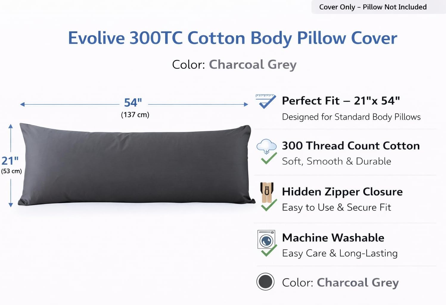 Evolive 300 Thread Count 100% Cotton Body Pillow Cover, 21" x 54", Soft Breathable Replacement Pillow Case with Hidden Zipper Closure (Char…