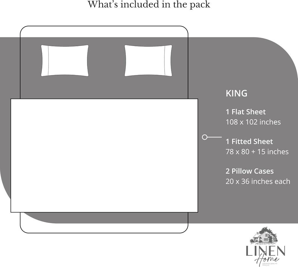 Linen Home 100% Cotton Percale Sheets King Size, Smoky Charcoal, Deep Pocket, 4 Pieces Set - 1 Flat, 1 Deep Pocket Fitted Sheet and 2…
