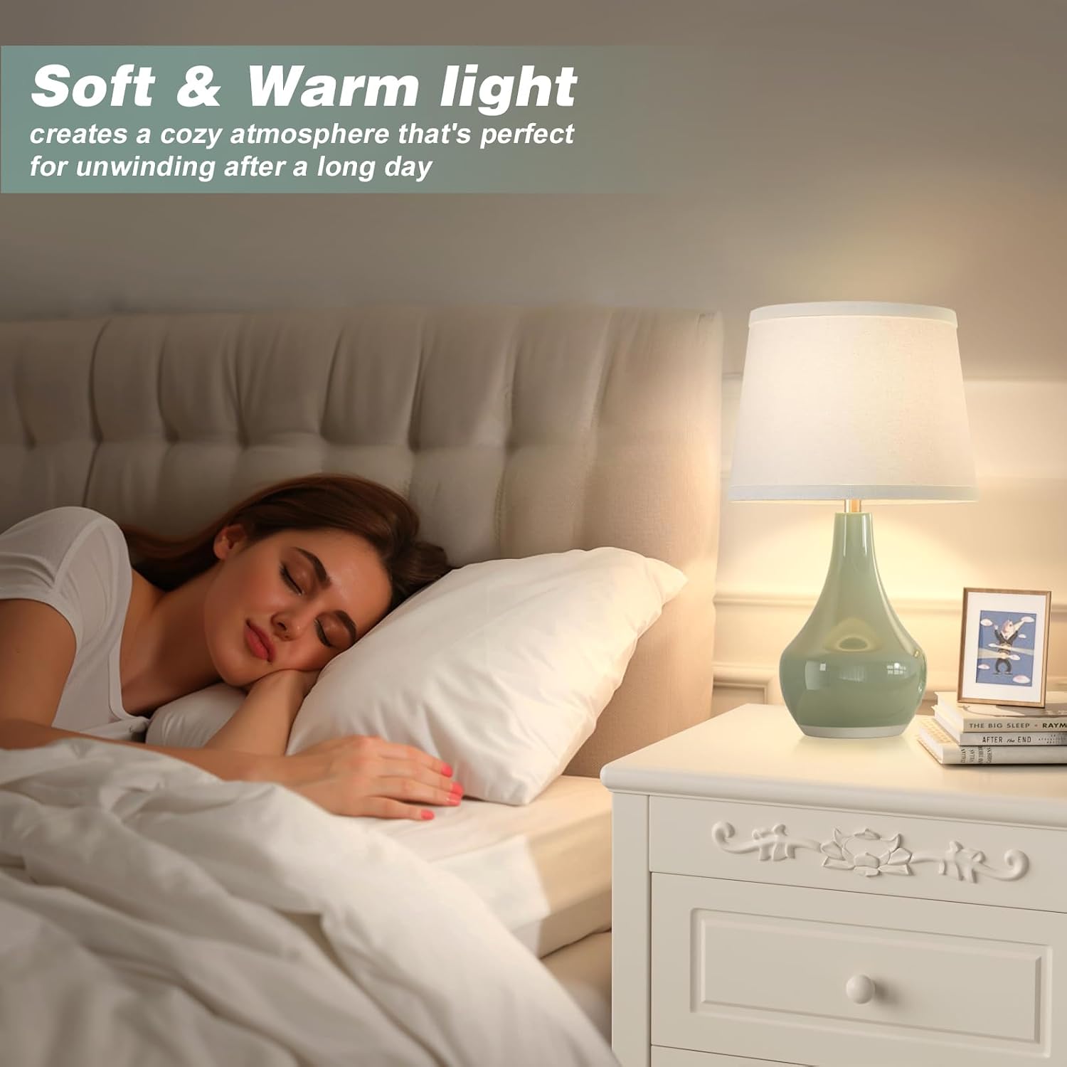 Seealle Modern Green Table Lamps Set of 2 - Bedside Lamps for Night Stands, 19.4" Bedroom Lamps for Living Room Sage Green Lamps with…