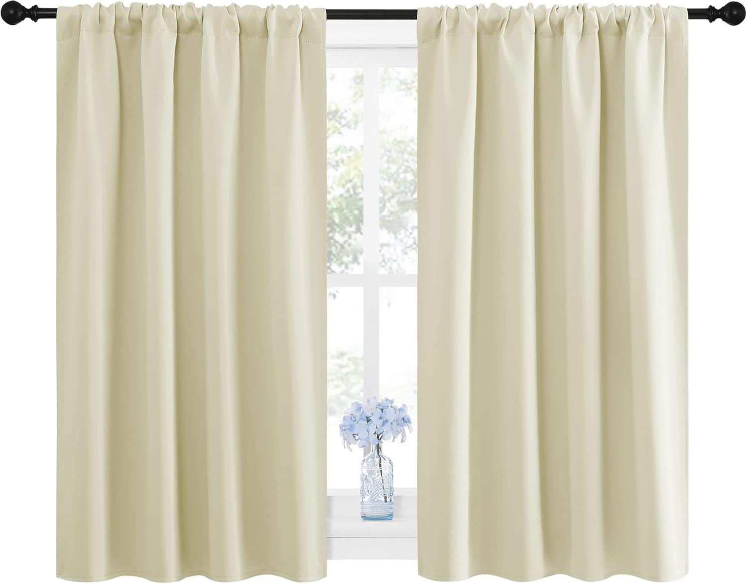 NICETOWN Blackout Curtains for Bedroom, Home Decorations Thermal Insulated Solid Rod Pocket Blackout Drapes for Cafe (Beige, One Pair, 42…