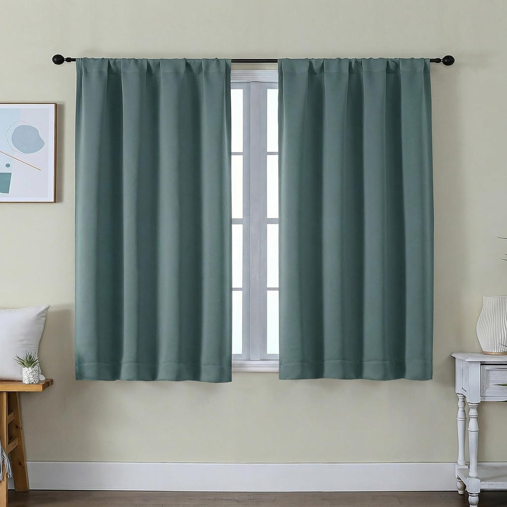 Simplebrand Ava Dark Green Short Blackout Curtains for Bedroom 45 Inches Long 2 Panels Set, Solid Thermal Insulated, Energy Saving Window T…