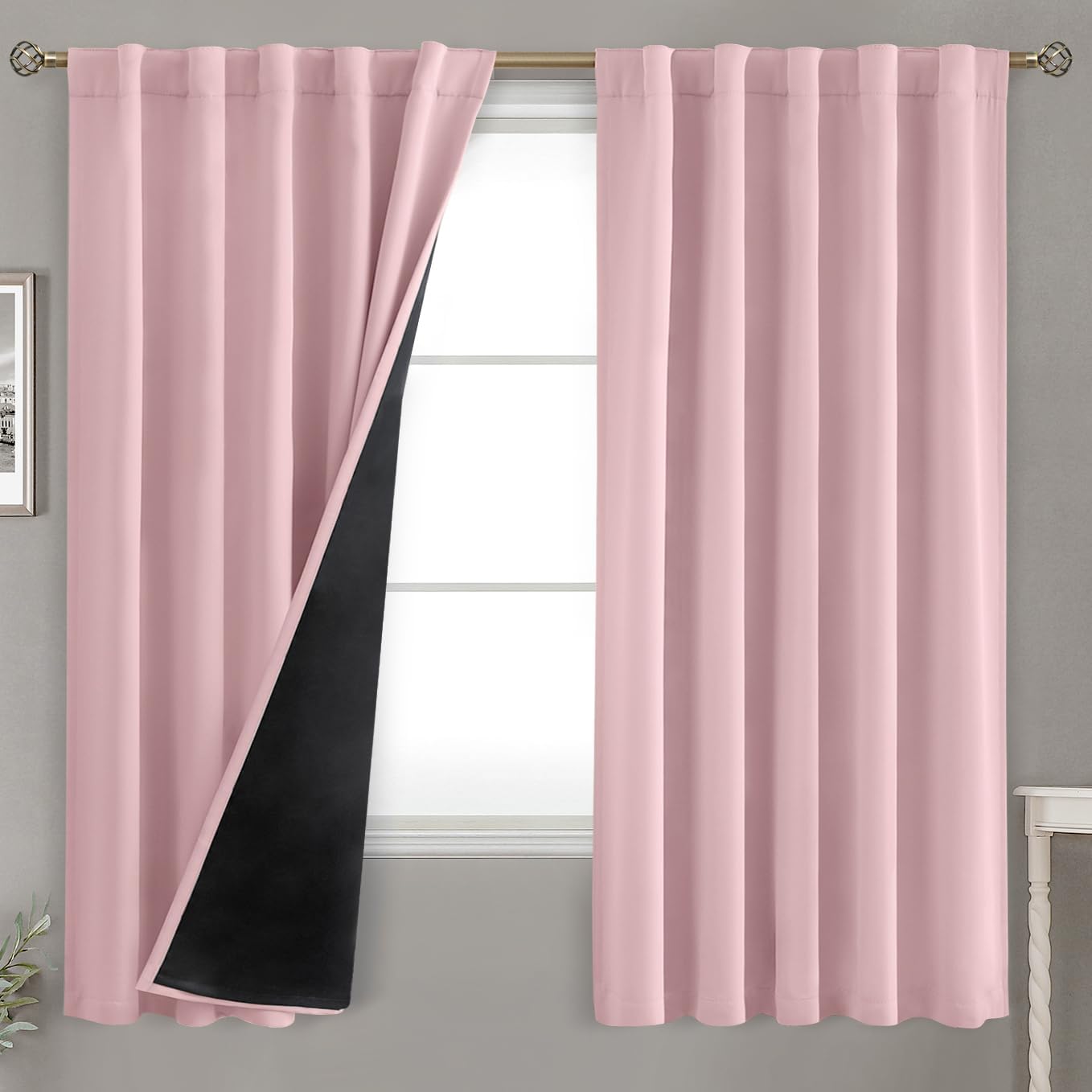 BGment Pink 100% Blackout 63 Inch Curtains 2 Panel Set with Black Liner, Rod Pocket and Back Tab Double Layer Thermal Insulation Room…