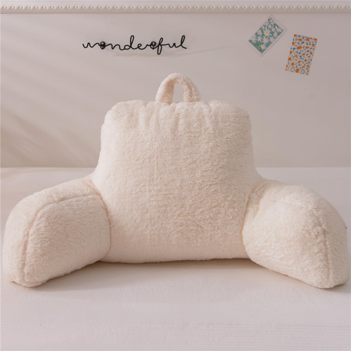 Ntbed Sherpa Reading Pillow for Backrest with Arms, Kids Adult Bed Rest Pillow Back Support for Sitting Up in Bed Chair Pillow(White) White