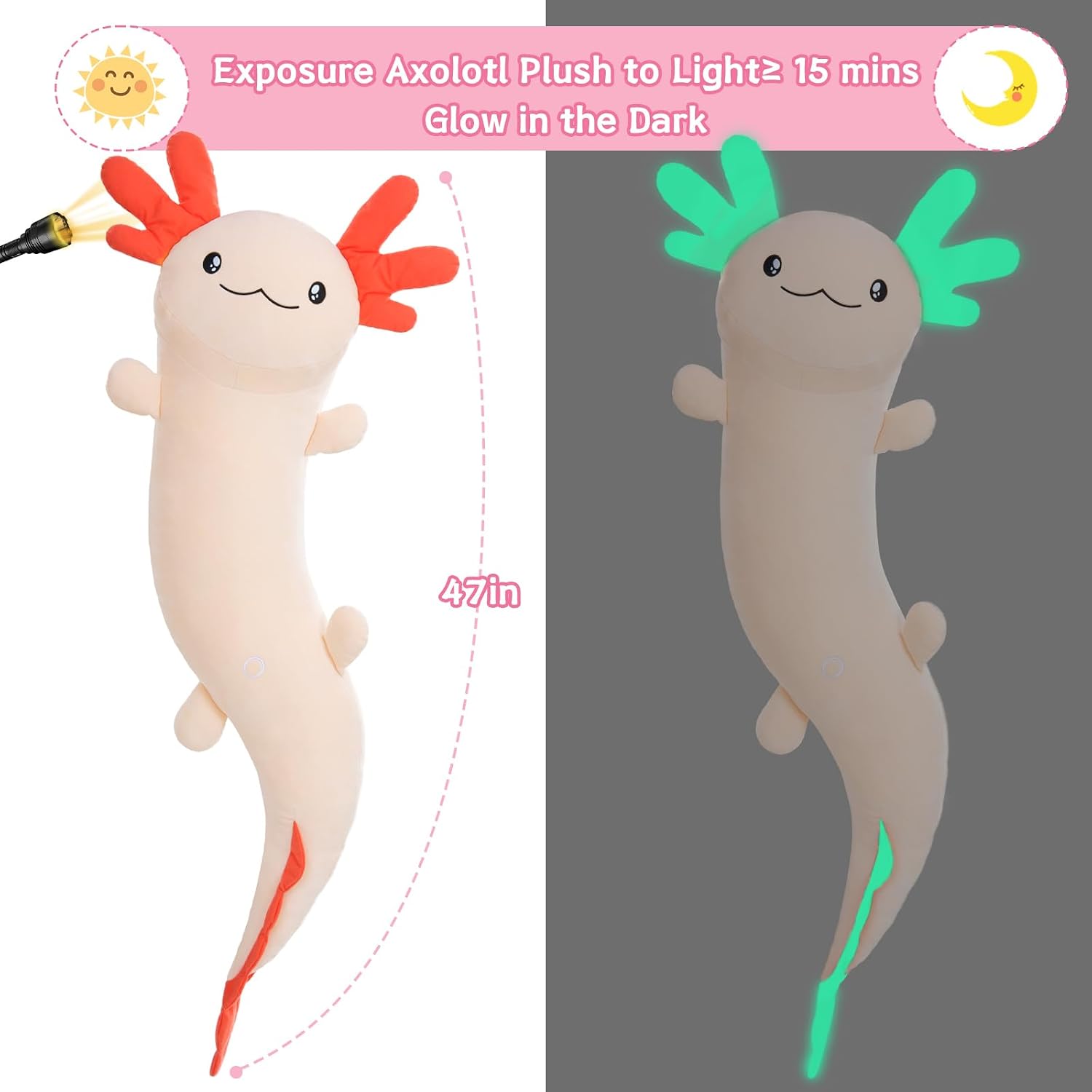 MaoGoLan Giant Axolotl Plush Toy Stuffed Animal, Huge Axolotl Body Pillow for Kids Girl Boy, Big Salamander Plush Glow in the Dark…