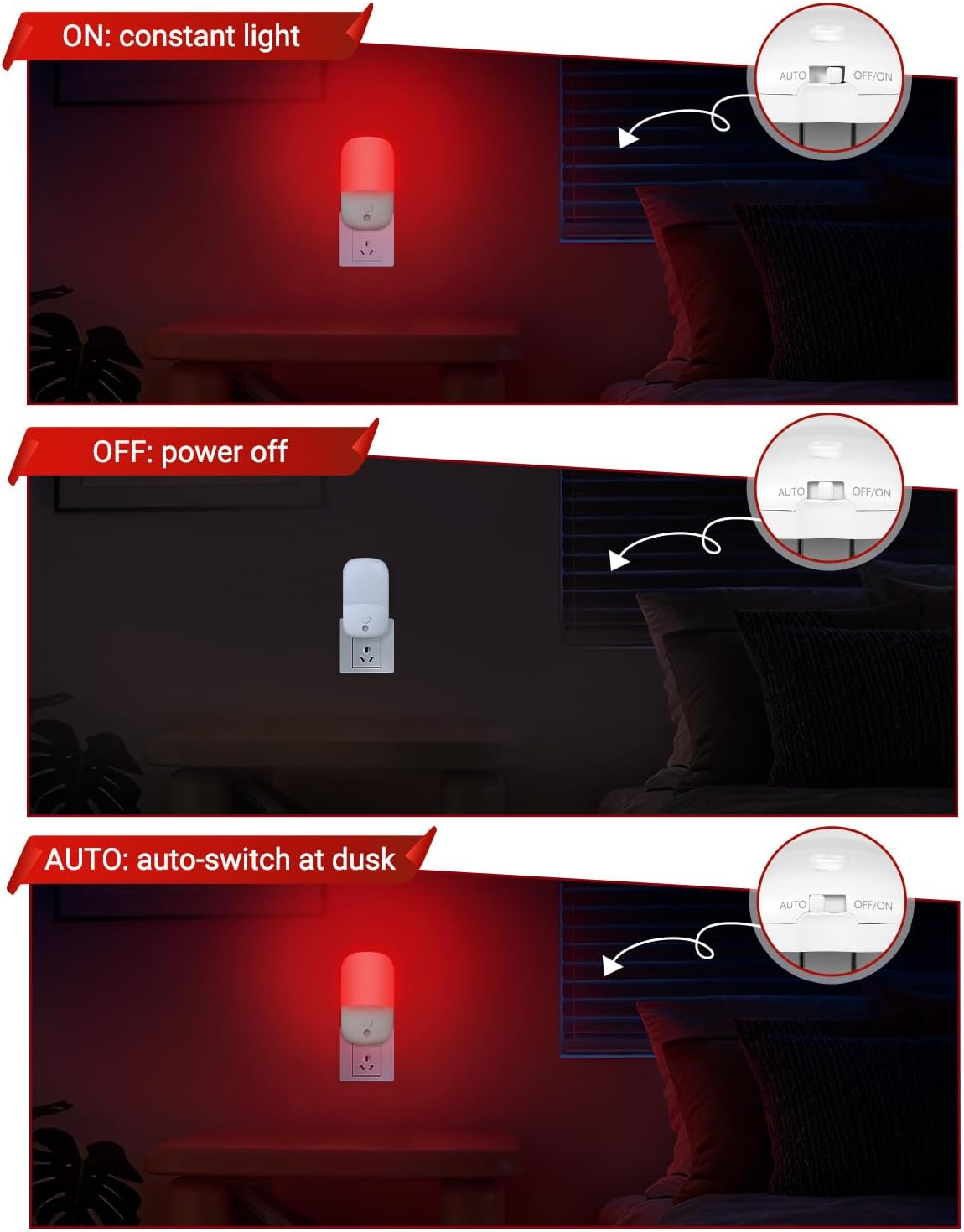 670nm Red Night Lights with Retractable Plug [4 Pack] - 0.5W Red Light Night Light with Dusk to Dawn Sensor - Auto On/Off LED Night Light…