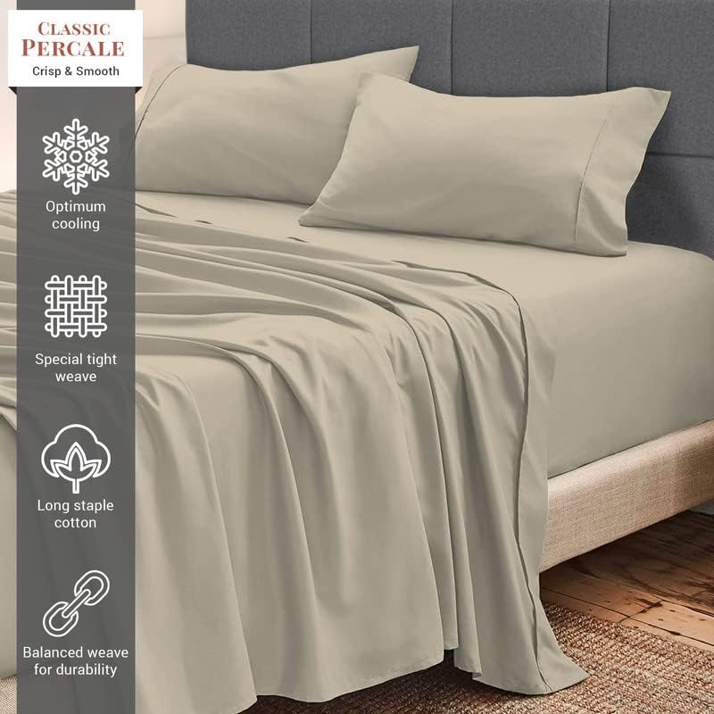 Pizuna 100% Cotton Queen Sheets Set - Crisp, Breathable Percale Weave Bed Sheets - Fully Elasticized 15" Deep Pocket Cooling Sheet - Long S…