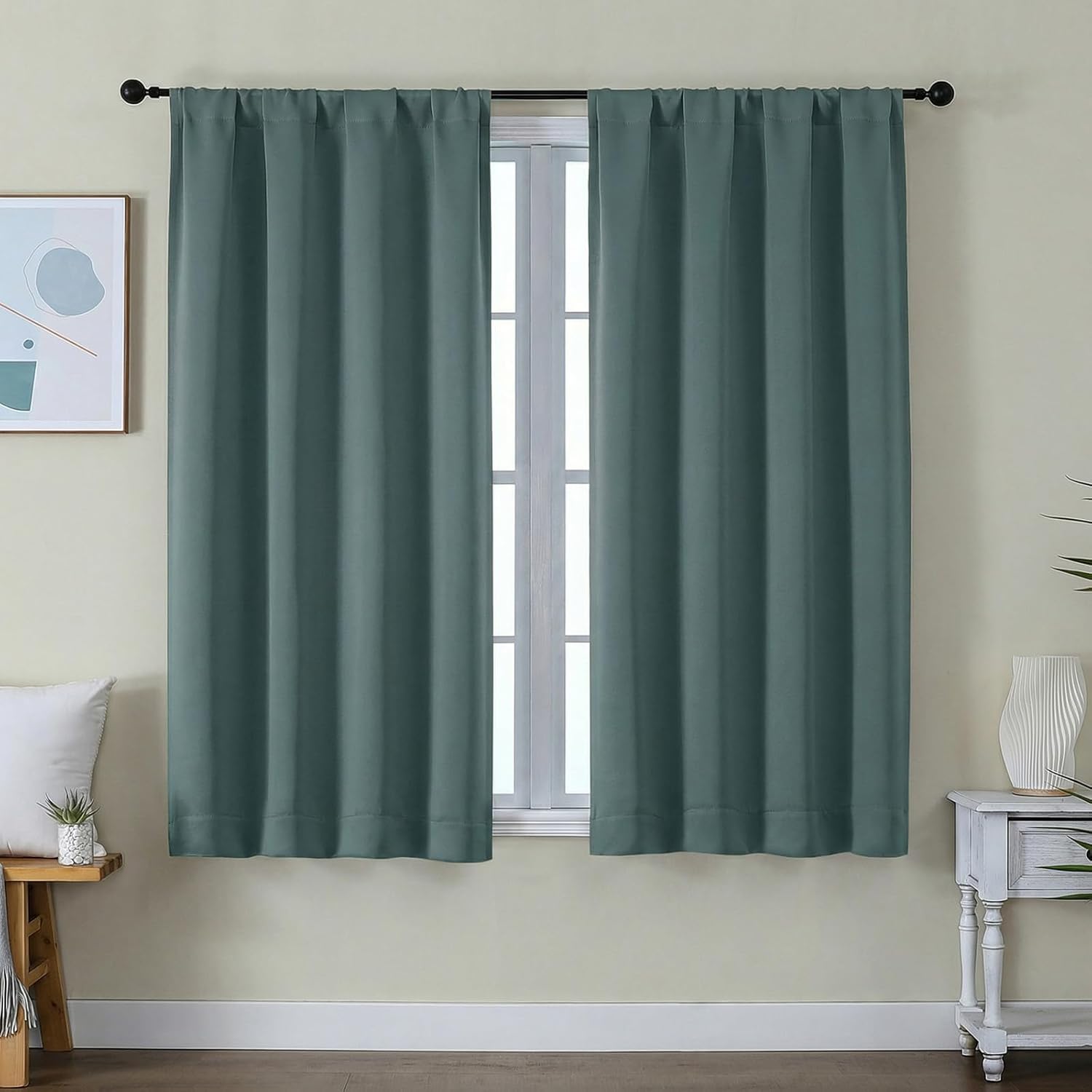Simplebrand Ava Dark Green Short Blackout Curtains for Bedroom 54 Inches Long 2 Panels Set, Solid Thermal Insulated, Energy Saving Window T…