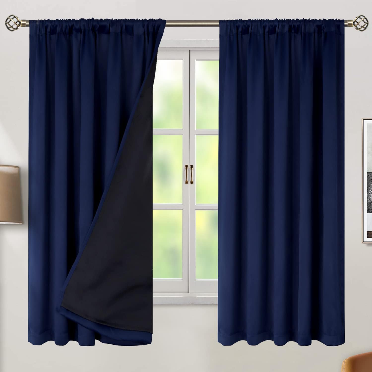 BGment Navy Blue 100% Blackout Curtains 63 Inches Long with Reducing Noise Liner, Rod Pocket and Back Tab Double Layer Full Room…