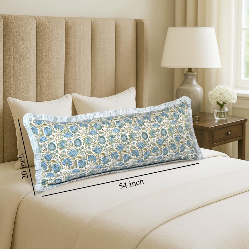 Ridhi Block Print Asparagus Green 54"x20" Set 1-100% Cotton Ruffle Lumbar Sham Cover Boho Floral Pillowcase, Farmhouse Cottagecore…