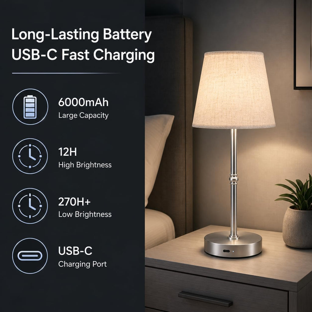 Cordless LED Table Lamp, 6000mAh Rechargeable Battery Operated Desk Lamp, 6-Level Dimming Metal Portable Nightlight for Restaurant…