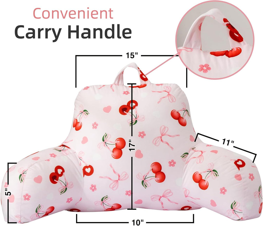 Holawakaka Kids Backrest Reading Pillow with Arms, Cherry Bowknot Print Plush Bed Rest Pillows for Teens Girls Sitting in Bed, Sofa…