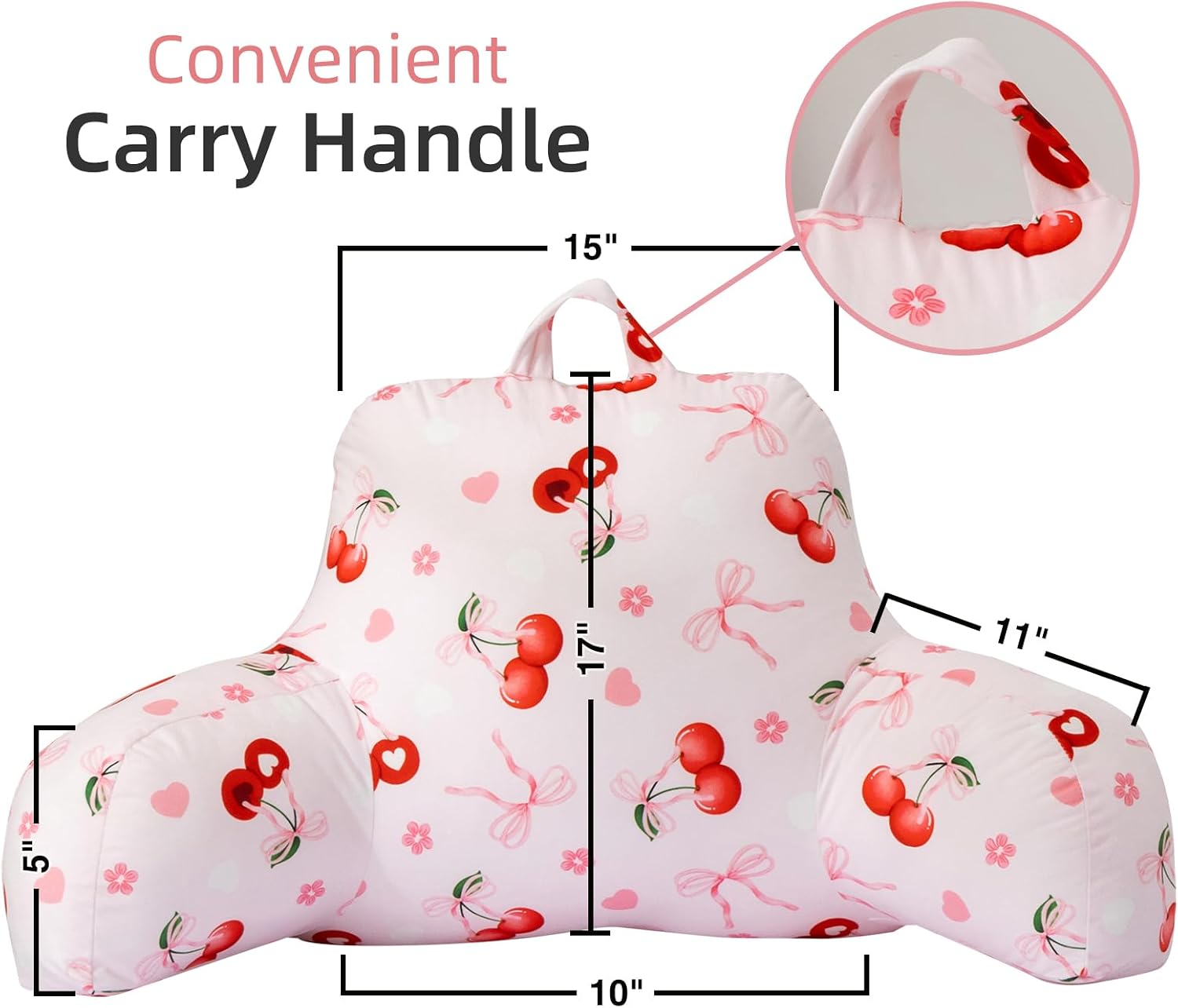 Holawakaka Kids Backrest Reading Pillow with Arms, Cherry Bowknot Print Plush Bed Rest Pillows for Teens Girls Sitting in Bed, Sofa…