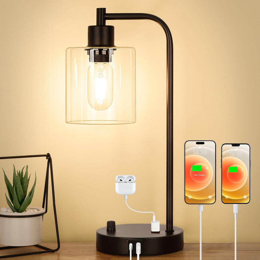 Industrial Table Lamp with USB A+C Ports and Outlet, Fully Stepless Dimmable Modern Nightstand Lamp, Glass Shade Bedside Desk Lamp for…
