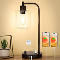 Industrial Table Lamp with USB A+C Ports and Outlet, Fully Stepless Dimmable Modern Nightstand Lamp, Glass Shade Bedside Desk Lamp for…